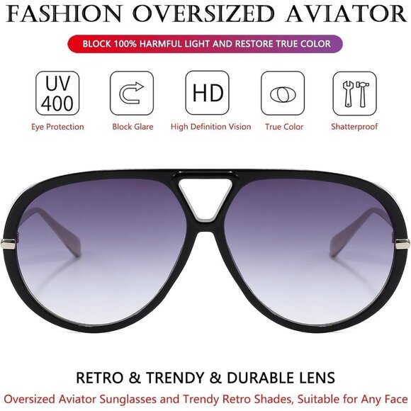 🆕Women Black Oversized Sunglasses Retro Trendy Shield Big Large Fashion Shades - Picture 2 of 7